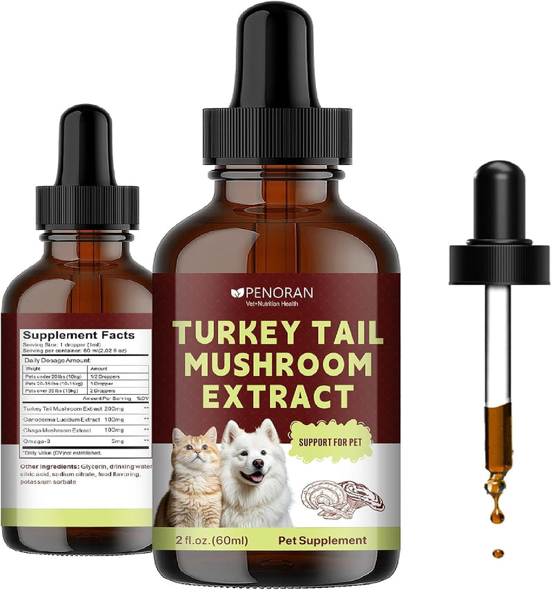 PENORAN Turkey Tail Mushroom Extract Drops for Dogs & Cats, Lipoma, Lumps, Bumps and Warts Treatment, Young Weak & Senior & Low-Vitality & Post-Surgery Pets - Liquid Extract Absorbs Quickly