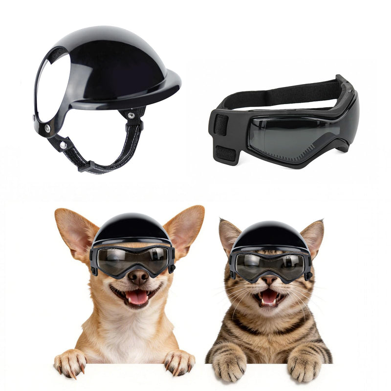 PETLESO Extra Small Dog Helmet and Dog Goggles Set, XS Pet Safety Hat with Ear Holes, Anti-UV Pet Sunglasses, Head & Eyes Protection for Puppy and Adult Cats, Black