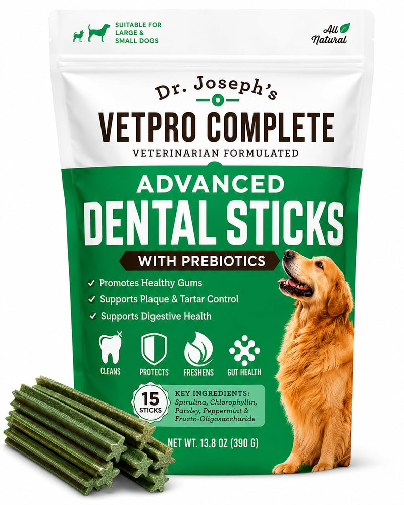 VetPro Complete Dr. Joseph's Advanced Dental Sticks with Prebiotics, 15 Sticks, Cleans Teeth, Freshens Bad Breath, and Supports Gut Health, Target Tartar and Plaque Build Up, Veterinarian Formulated