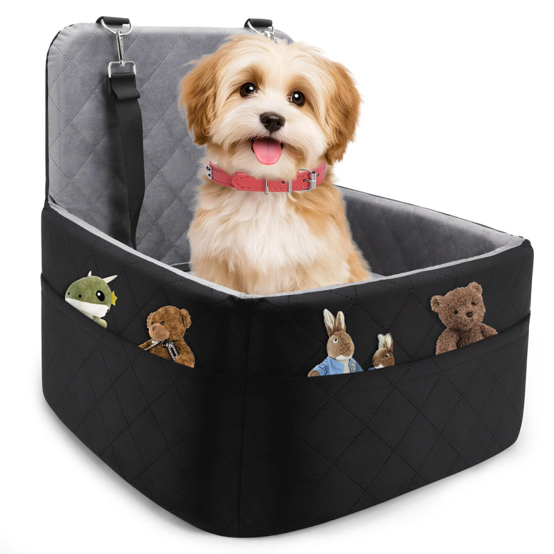 Dog Car Seat for Small/Medium Dogs,Pet Dog Booster Car Seat Puppy 15-35 lbs with Soft 4+2in Detachable Pads Detachable Elevated Cushion and Washable Cover Safety Belt Storage Pockets Easy to Install
