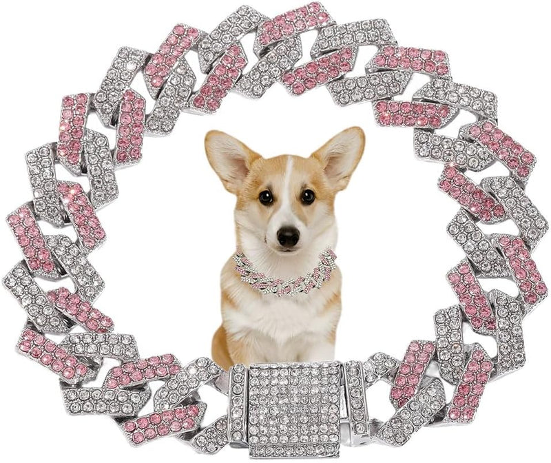 Pink Dog Necklace,Rhinestone Dog Chain Necklace Bling Diamond Cuban Link Dog chainCollars Glitter Puppy Necklace for Dog