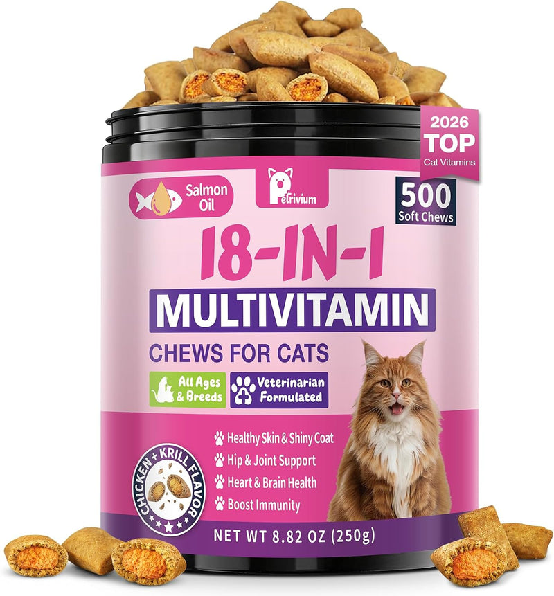 Taurine for Cats - 18 in 1 Cat Vitamins for Indoor Cats, Daily Cat Multivitamin Chews with Omega-3, Chondroitin, Glucosa