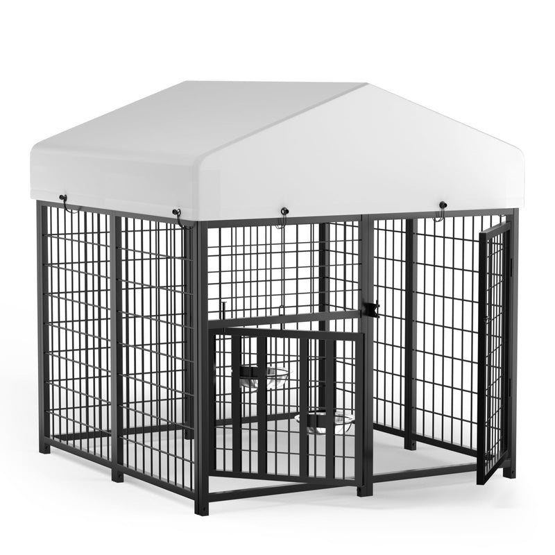 LOVMOR Outdoor Dog Kennel with Roof, Heavy Duty Steel Dog Run Enclosure for Small Dogs, Waterproof Canopy, Double Latch Door, Adjustable Feeding Bowls, Pet Pen for Yard and Patio, 4’L x 4’W x 4.25’H