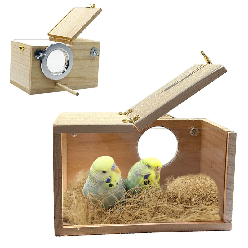 Parakeet Nesting Box, 7.87 X 4.72 X 4.72 inch Transparent Bird Nest Breeding Box with Perch Parrot Mating Box Wood Bird House Aviary for cage (S Horizontal Transparent+Wood)
