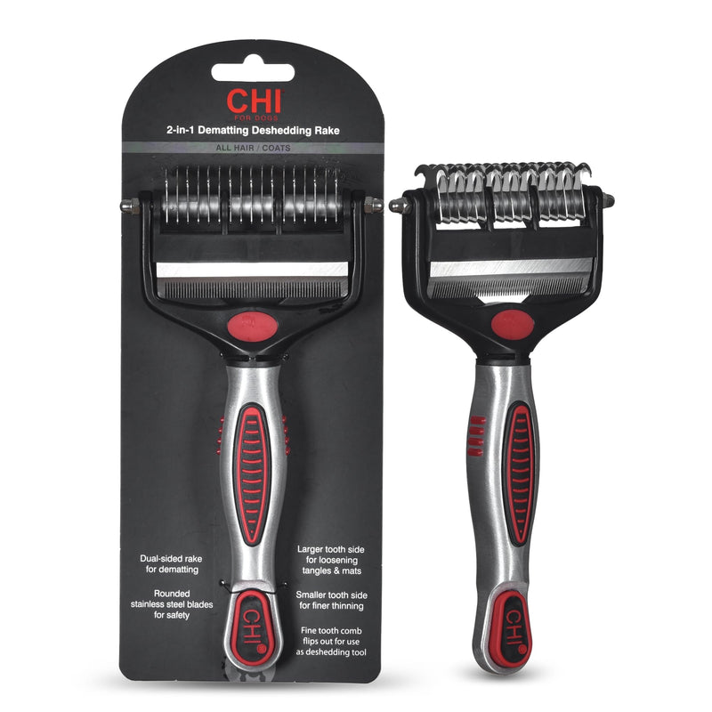 CHI for Dogs 2 in 1 Dematting and Deshedding Rake, Dual Head Dog Grooming Tool with Wide Tooth Dematting Rake and Fine Deshedding Rake, Detangler Comb for Thick Double and Long Dog Coat