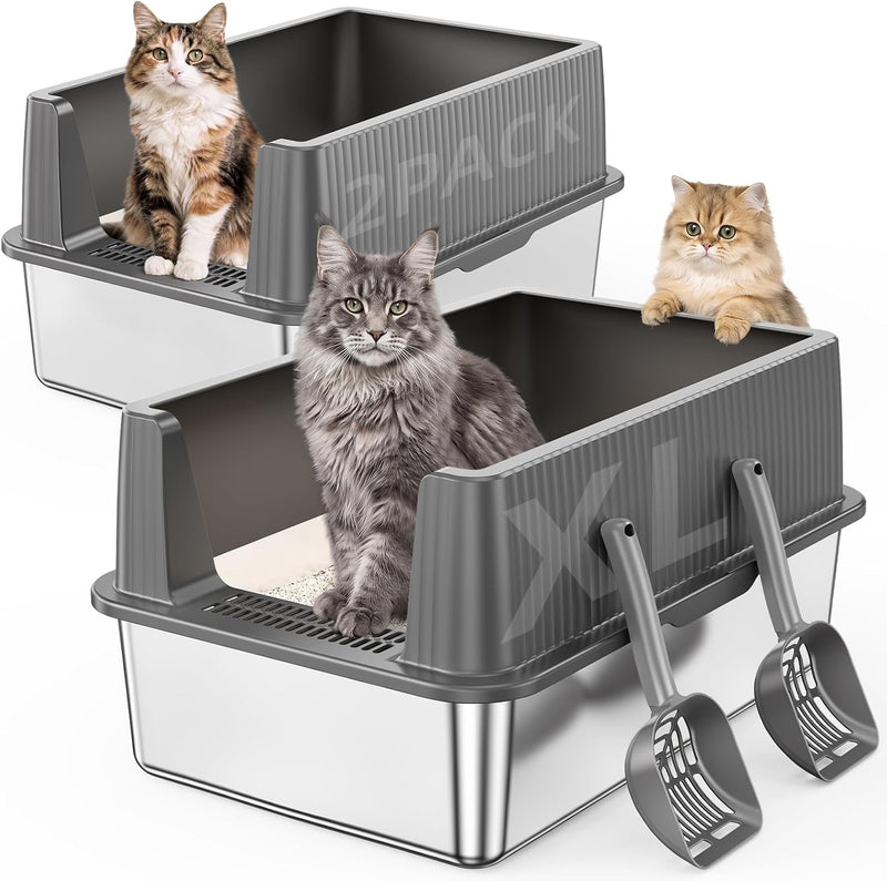 Stainless Steel Cat Litter Box with High Sides Lid,2 Pack XL Extra Large Metal Kitty Litter Pan, Non-Stick and Odor Free