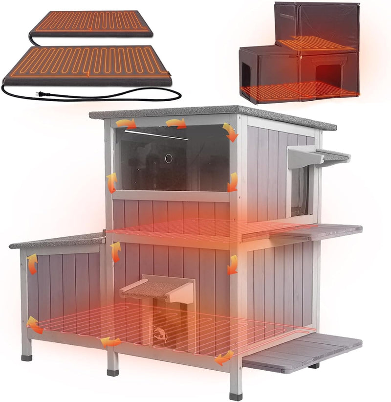GUTINNEEN Extra Large Heated Cat House Outdoor Insulated Cat House 2-Section Weatherproof Feral Cat Shelter with Safe He