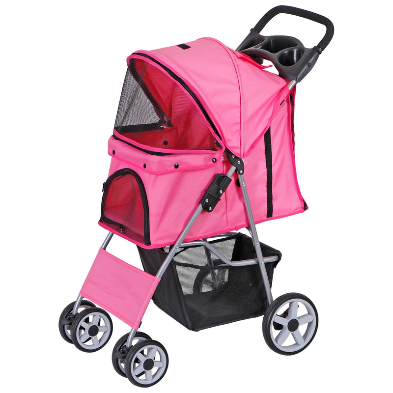 BBBuy 4 Wheels Foldable Pet Dog Cat Jogger Stroller Travel Carrier Strolling Cart w/Waterproof Cover Storage Basket Cup Holder & Removable Liner for Medium Small Cat Dog, Pink