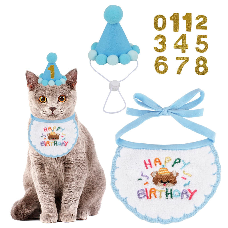 PTDECOR Cat Birthday Party Supplies, Blue Hat with Numbers Cat Bandana Pet Decorations for Kitten Birthday Outfits (Blue)
