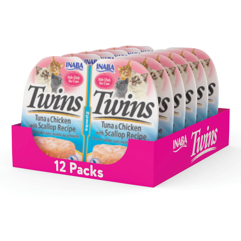 INABA Twins for Cats, Shredded Chicken & Broth Gelée Side Dish/Topper Cups with Green Tea Extract, 1.23 Ounces per Serving, 12 Servings, Tuna & Chicken with Scallop Recipe