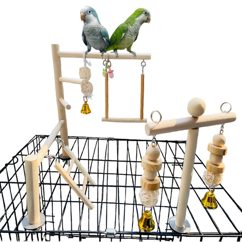 Hamiledyi Natural Wood Bird Play Gym for Small Birds, Parakeet Cockatiel Playstand with Perch, Ladder & Swing Toys for Cage Top(Style B)