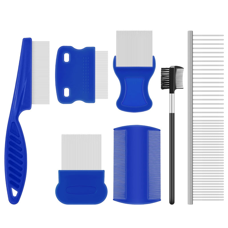 WRW 7 Pack Flea Comb,Stainless Steel Dog Cat Grooming Combs with Rounded Tooth for Remove Fleas Lice Eggs, Double Sided Tear Stain Remover, Dematting Tool for All Types of Small, Medium, Large Pets