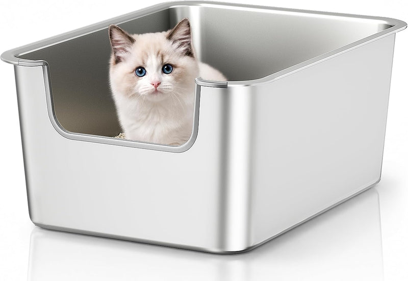 High-Sided Stainless Steel Cat Litter Box, Low Entry, Odor-Free, Non-Stick