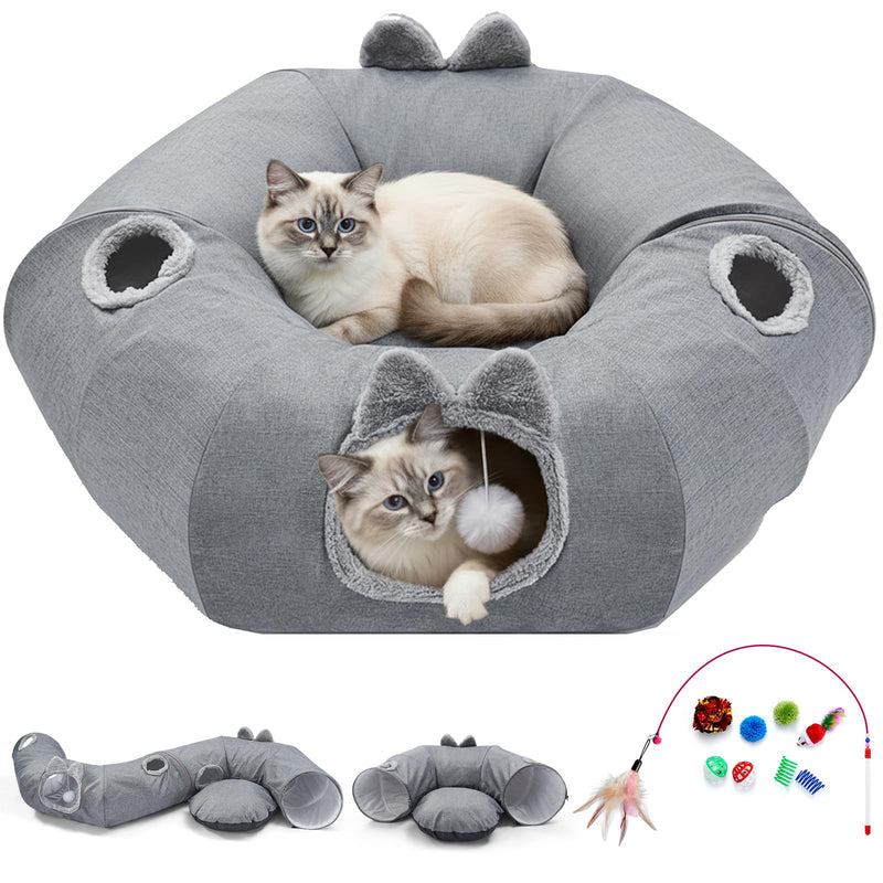 Odoland Cat Tunnels Bed for Indoor Cat with Interactive Cat Toys, Cat Tube with Washable Cushion for Small Large Cats, Round Pet Peekaboo Cave for Kitten, Adult Cats and Rabbit