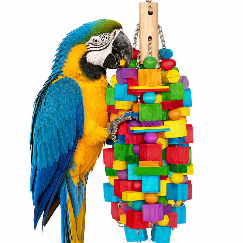 Zephyriel Large Bird Toy, 20 in XL Parrot Toys Natural Wood Blocks Bird Chew Toy for Foraging, Stainless Steel Chain Hanging Cage Toy for Macaws, Cockatoos, African Greys and Large Parrots-1.65 lb