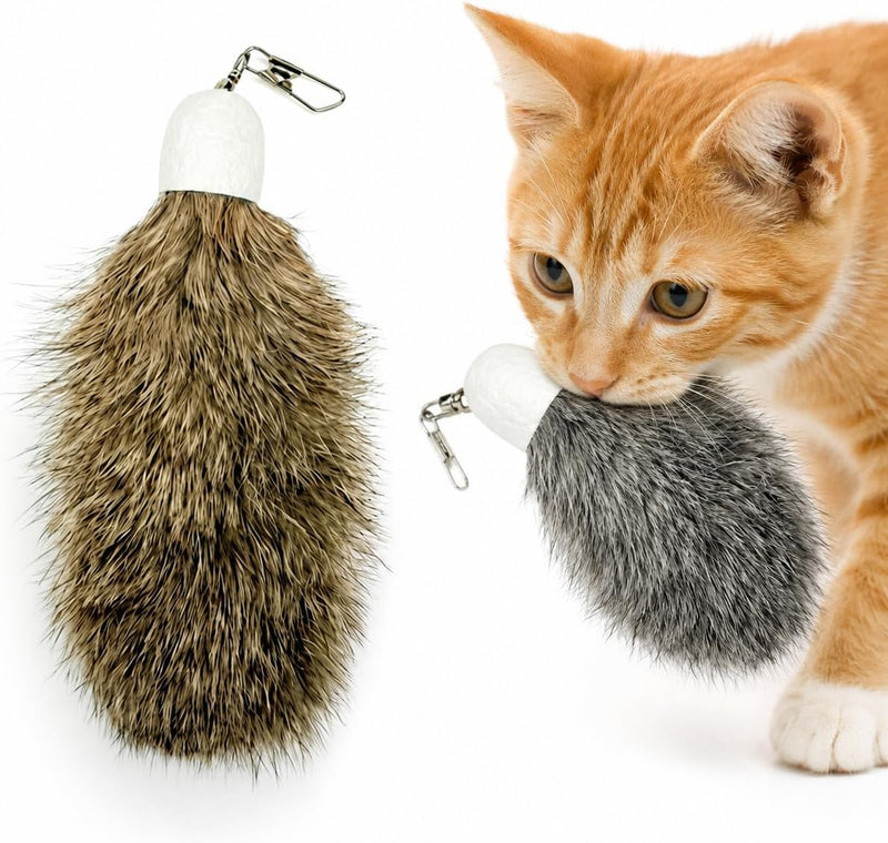 ZAYLUMO 2 Pack Natural Rabbit Fur Cat Toy Refills – Silent Interactive Cat Toys for Indoor Cats, Handmade Replacement Heads with Secure Connector for Cat Wand Toys