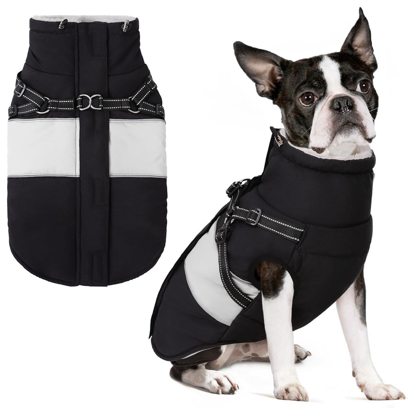 SUNFURA Small Dog Coat with Harness Built in, Warm Dog Jacket Winter with Zipper On Back, Waterproof Pet Snow Jacket Snowsuit Pet Sweater Clothes for Schnauzer, Yorkshire Terrier, Black S