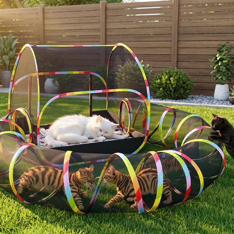Naielfopet Outdoor Cat Enclosure, 2-in-1 Portable Pop Up Cat Mesh Tent with Tunnel for Cat Run, Easy Set Up and Foldable Catio Playground for Indoor Cats, Rabbits & Small Animals, Includes Storage Bag