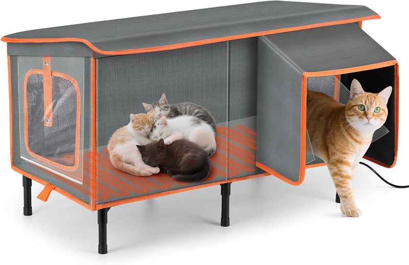 Heated Cat House for Outside in Winter, Weatherproof Outdoor Cat House with Cat Heating Pad, Waterproof &Safe Escape Doo