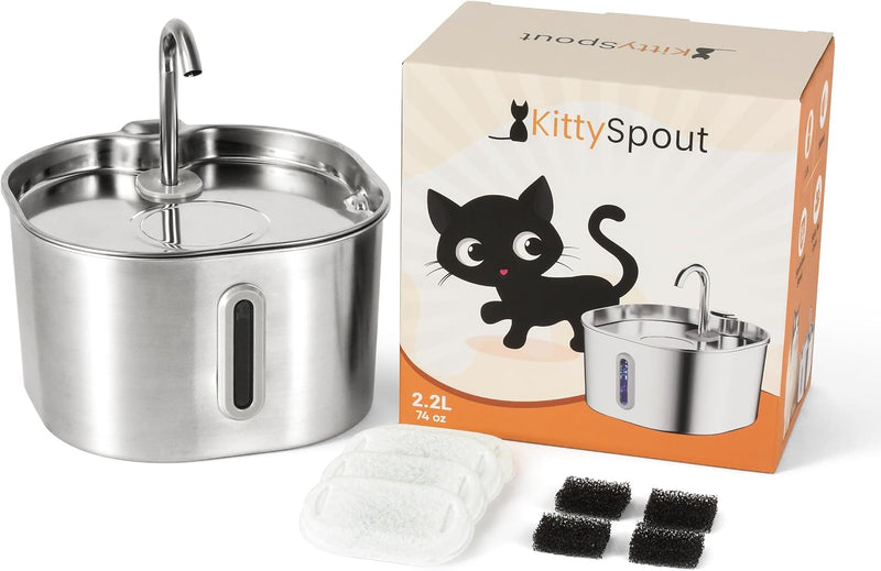 KittySpout Stainless Steel Cat Water Fountain Automatic Drinking Fountain, Quiet Circulating Water Bowl, Dishwasher Safe