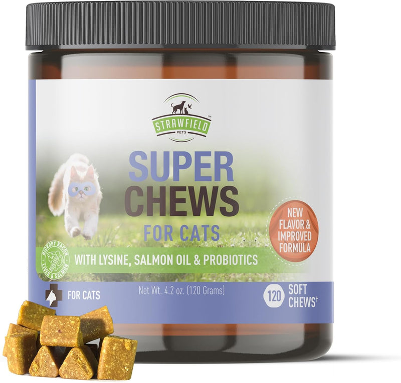 Strawfield Pets Super Chews for Cats - Lysine, Probiotics, Omega 3 Fish Oil (Salmon Oil), Catnip - Supports Immune, Gut,