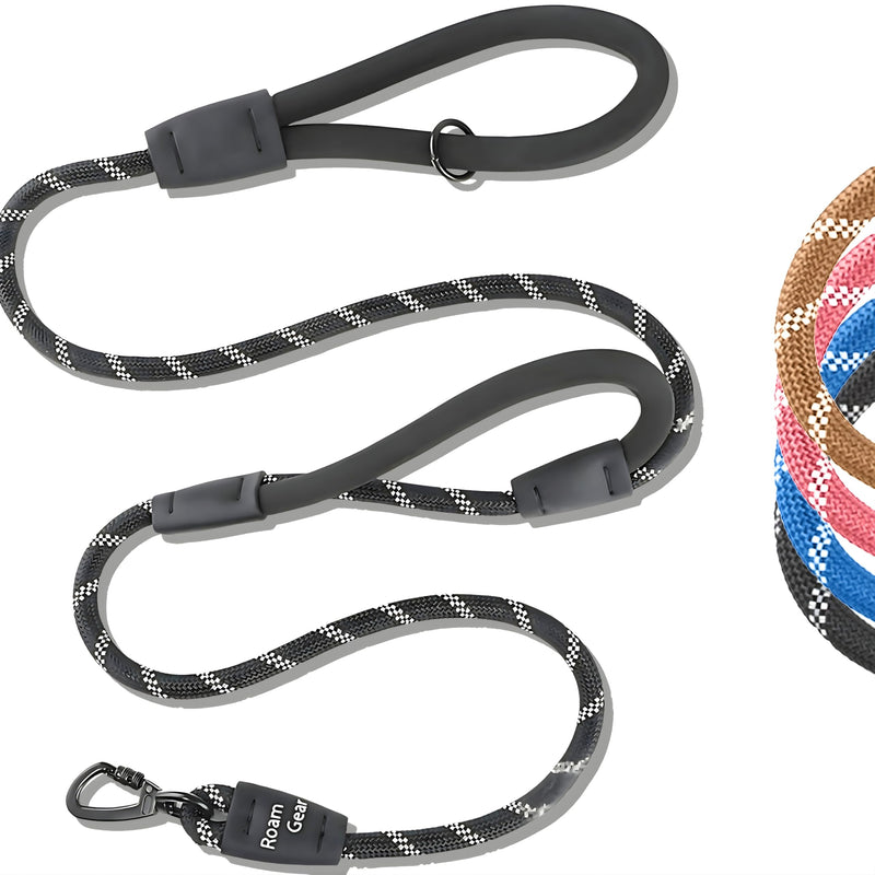 6 Foot Dog Leash, Two Extra Padded Handles, Locking Carabiner Clip, Reflective for Night Visibility, Weatherproof, Heavy Duty Rope Leash, Roam Gear (Black)