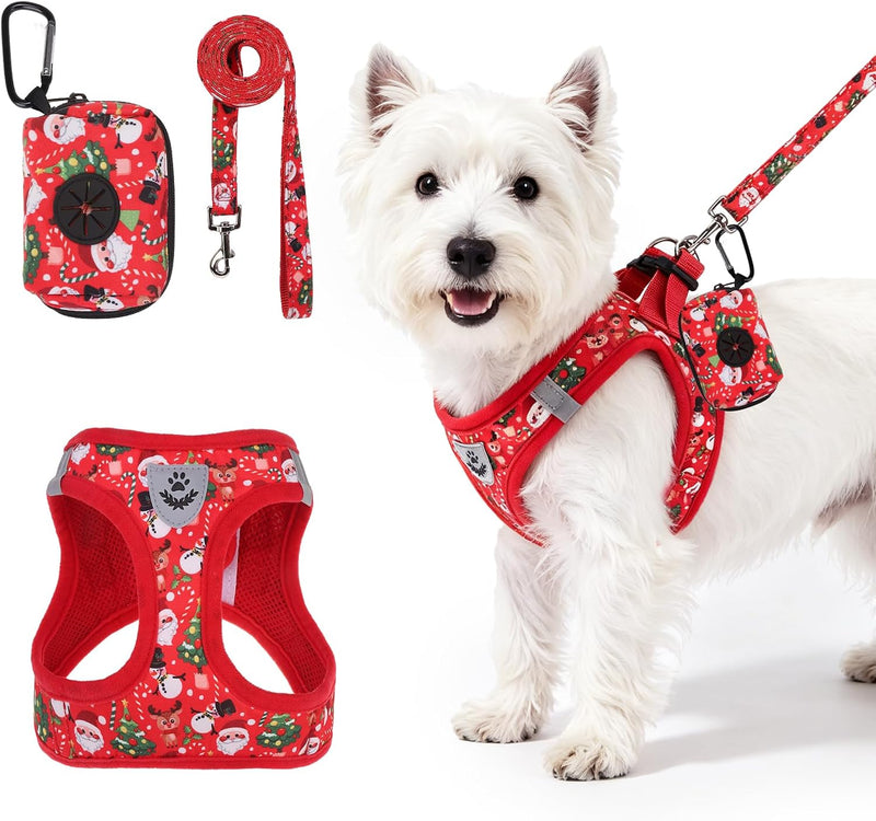 PAWCHIE Christmas Dog Harness and Leash Set, Step in No Pull Soft Pet Harness, Reflective Adjustable Puppy Vest for Medi