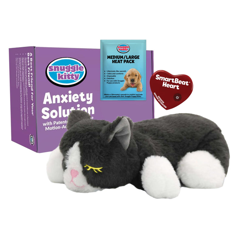 Snuggle Kitty Heartbeat Cat Toy for Kittens and Cats with Real-Feel Pulse and Heat Pack, Calming Sleep Aid for Cat Anxiety, New Kitten Essentials - Grey and White