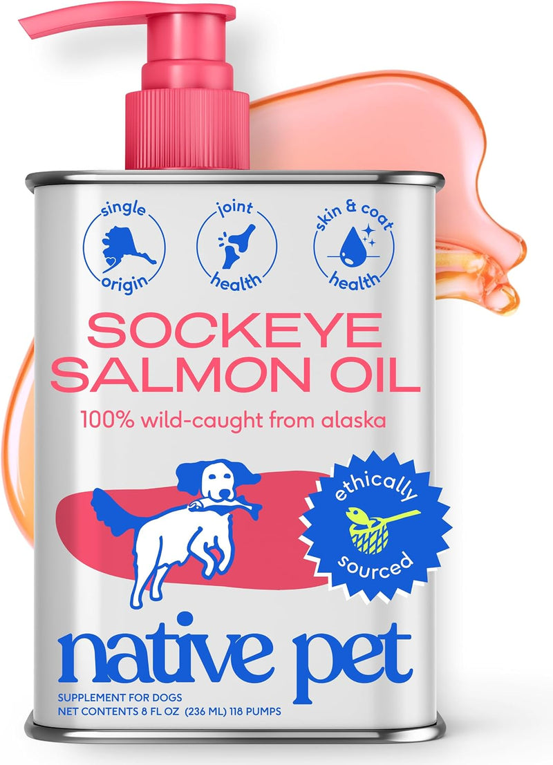 Native Pet Sockeye Salmon Oil for Dogs & Cats - Wild Alaskan Fish Oil for Dogs - Supports Strong Joints, Skin & Coat, Heart Health & Cognition - Single-Origin Pure Omega-3 EPA & DHA - 8oz