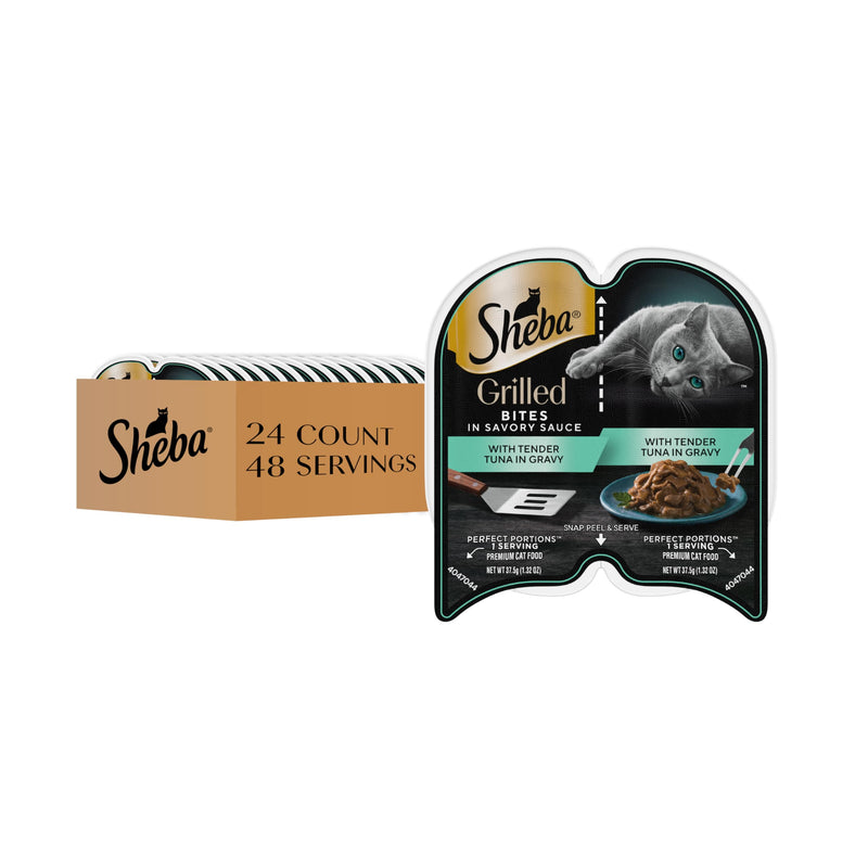 Sheba Perfect Portions Grilled in Savory Sauce Adult Wet Cat Food with Tender Tuna in Gravy, 2.64 oz. Twin-Pack Trays, 24 Count, 48 Servings