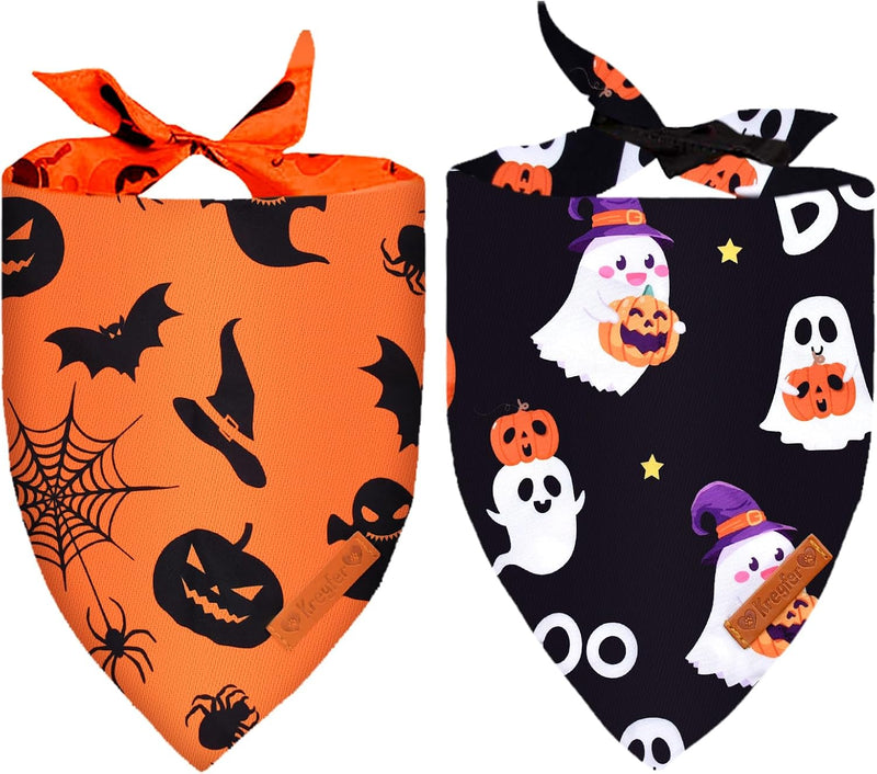 2 Pieces Halloween Dog Bandanas, Double-Sided Reversible Triangle Scarf, Cute Ghost and Pumpkin Design, Spooky Cat and S