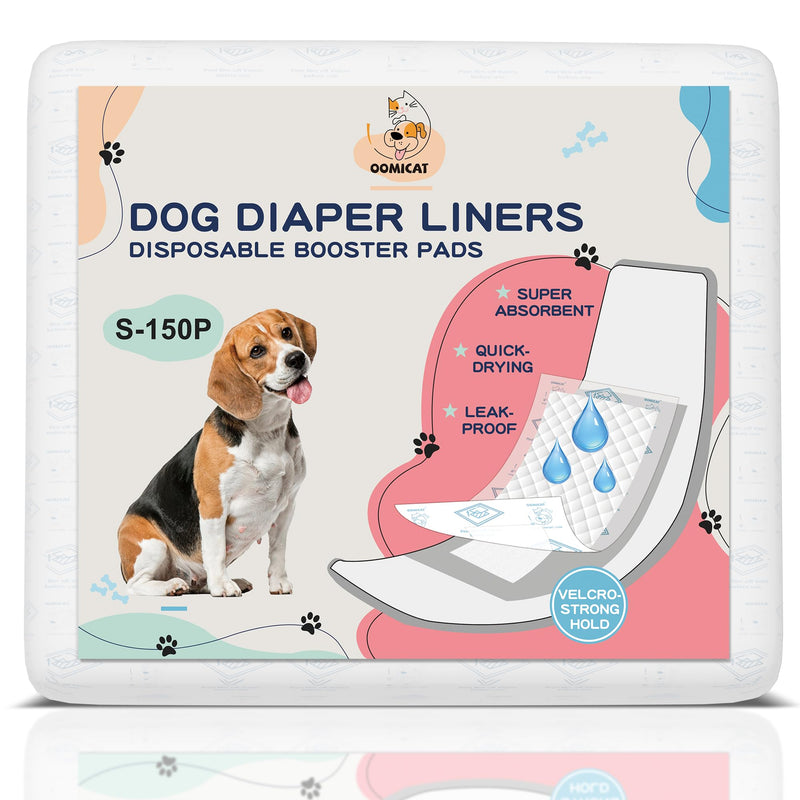 OOMICAT Dog Diapers Liners, 150 Ct, Super Absorbent Booster Pads for Male Dog Wraps and Female Dog Diapers, Lnnovative Hook-and-Loop Tape Design, Super-fit & No Shifting, Small Dog Diaper Pads