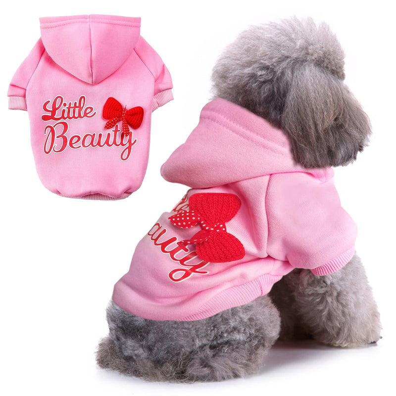 Jecikelon Print Dog Hoodies for Small Dogs with Bow, Soft Fleece Puppy Clothes for Pet Cat, Warm Winter Outfits Cold Weather Coats, Cute Sweatshirt Puppies Costume (Pink, X-Large)