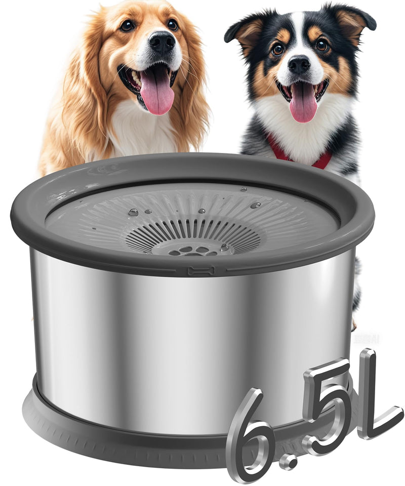 6.5L Dog Water Bowl No Spill 1.6 Gallon Stainless Steel Water Bowl for Dogs 220oz Large Capacity No Splash Slow Drinking Feeder with Anti-Slip Mat for Messy Drinkers 6.5L+2 Filters