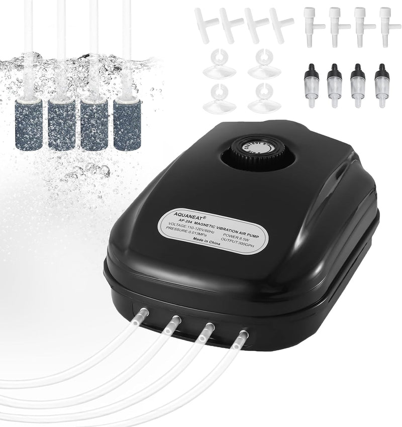 AQUANEAT Aquarium Air Pump 300GPH, for up to 200 Gallon Fish Tank, Powerful Hydroponic Aerator Pump with Tubing, Air Sto