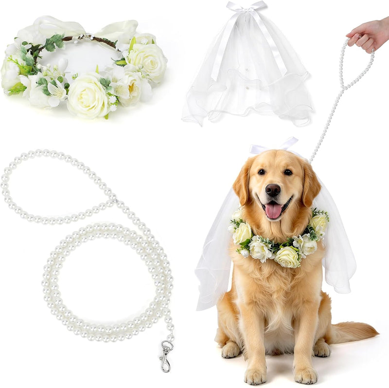 Bwogue 3-Piece Dog Wedding Flower Collar, Pearl Leash & Veil Outfit Set