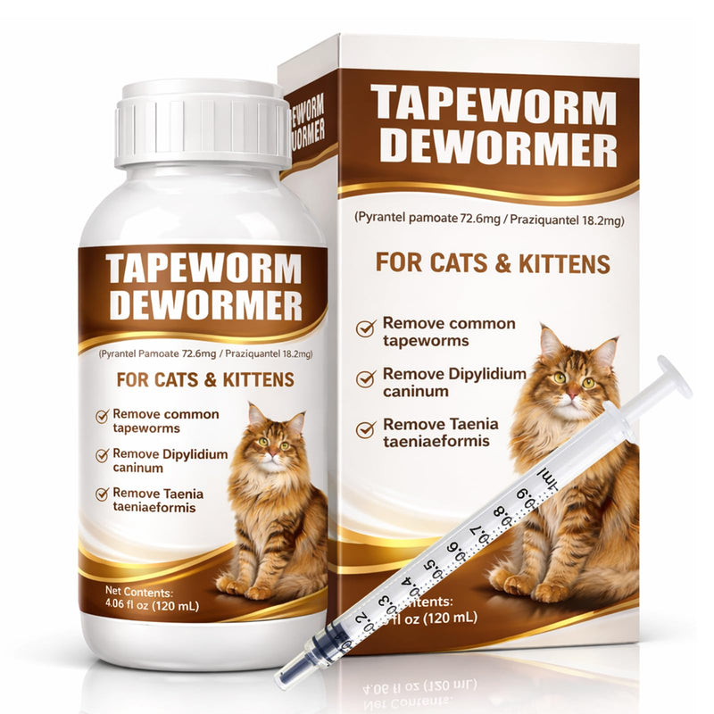 Cat Dewormer Liquid Broad Spectrum Treatment for Tapeworms, Roundworms & Hookworms with Praziquantel & Pyrantel Pamoate, 120ml