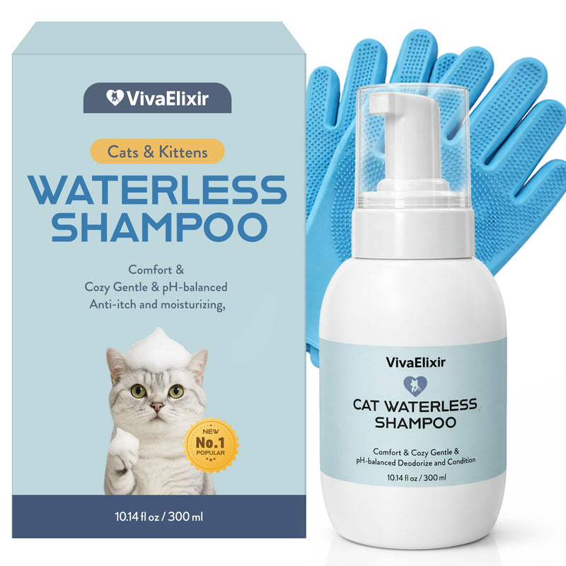 Cat Shampoo & Conditioner 2-in-1, waterless Bath — Hydration & Itch Relief — Detangles & Soothes Dry Skin, Anti-Static — Oatmeal, Aloe, Silk Protein — Low-Residue & pH-Balanced — 500 mL + Glove