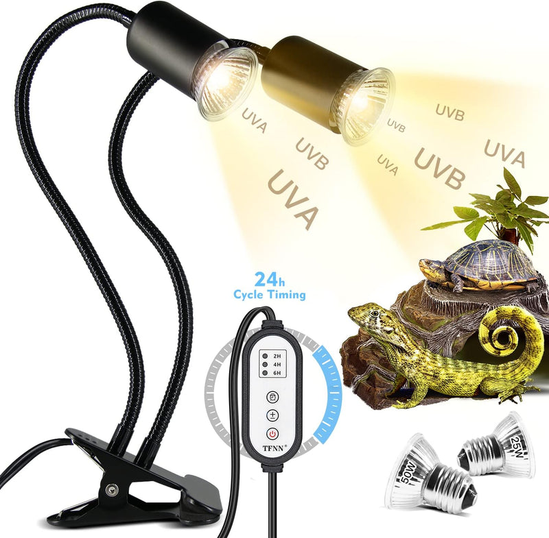 TFNN Reptile Heat Lamp, Double-Head Heat Lamp with Clamp, UVA UVB Reptile Light with Intelligent Cycle Timer for Turtle,