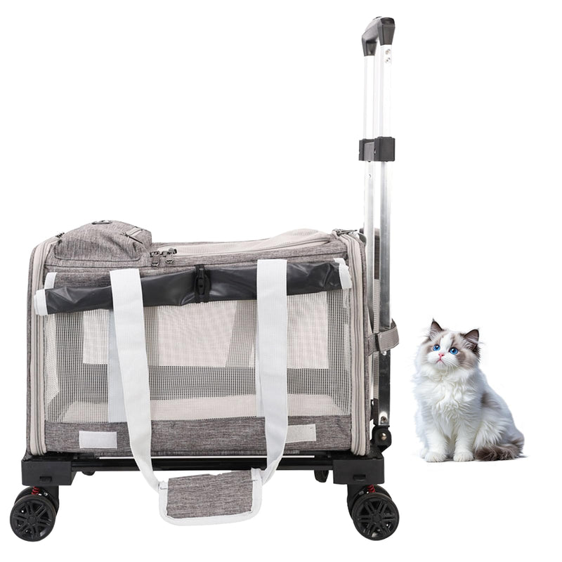 Pet Carrier with Wheels - Soft-Side Wheeled Cat Carrier for Dogs with Telescopic Handle, Collapsible Rolling Pet Travel Bag Carrier for Large Cats Small Medium Dogs for Camping Vet Visiting Grey