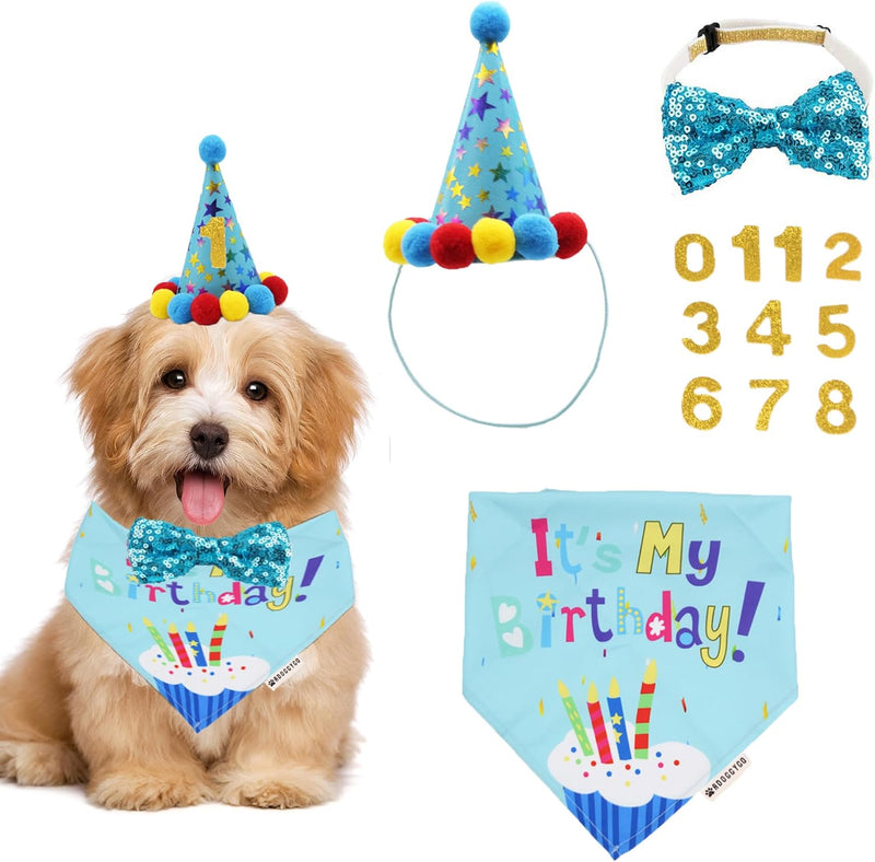 ADOGGYGO Dog Birthday Hat, Blue Birthday Boy Bandana with Bow Tie