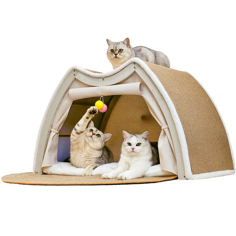 Cat Houses for Indoor Cats - 4 Seasons Cat Bed Cave with Natural Sisal Cat Scratcher Mat, Solid Wood Frame Cat House with Curtains and Cat Floor Scratching Pad Rug, Protect Couch and Carpets, M
