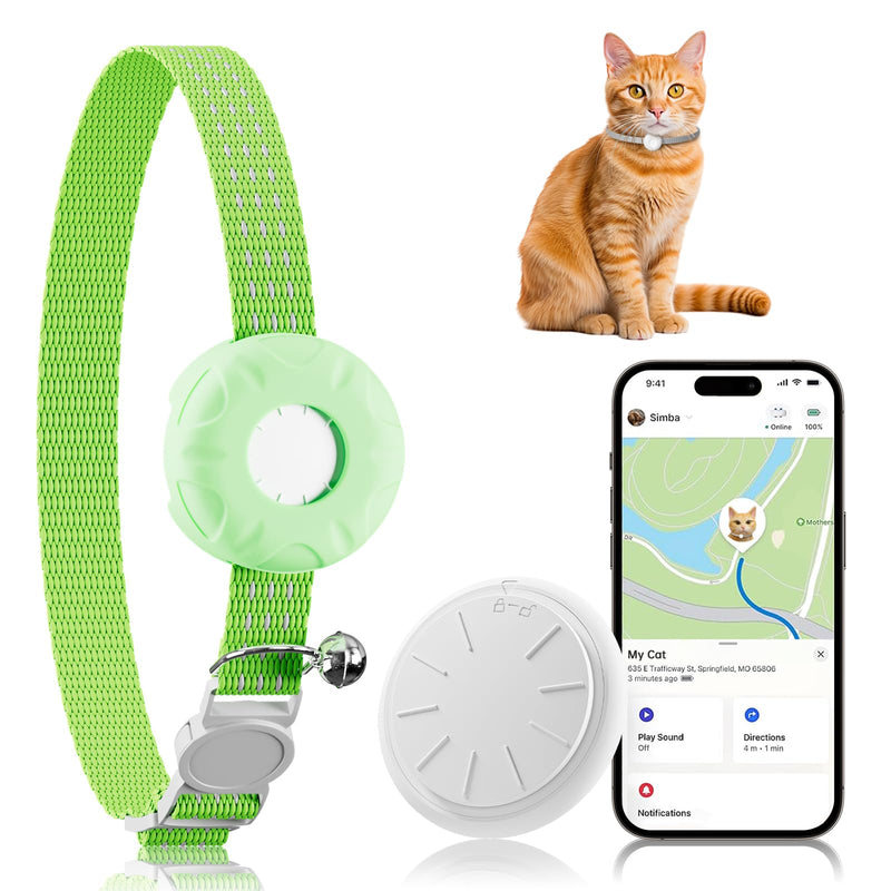 Cat Tracker, Lightweight GPS Tracker Compatible with Apple Find My App(Only iOS), Waterproof Cat Tracker Collar with Bell and Safety Elastic Buckle, No Monthly Fee,Works with Any Collar,Green