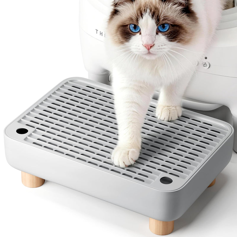 Thereye Cat Litter Box Step, Non-Slip Washable Litter Box Ramp, Anti-Tracking Litter & Easy to Clean, Wooden Base, Filter Function, Compatible with Automatic Litter Boxes for Small and Elderly Cats