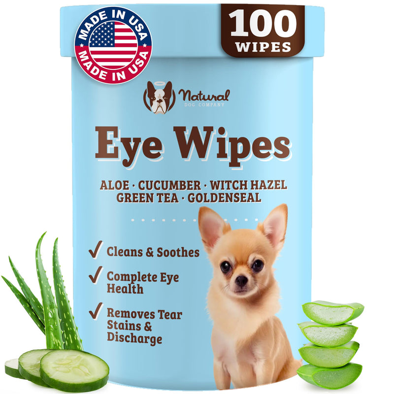 Natural Dog Company Dog Eye Wipes for Tear Stains & Eye Discharge, 100 Count – Gentle Eye Cleaning Wipes for Dogs with Aloe Vera & Witch Hazel, Removes Buildup & Eyes Gunk