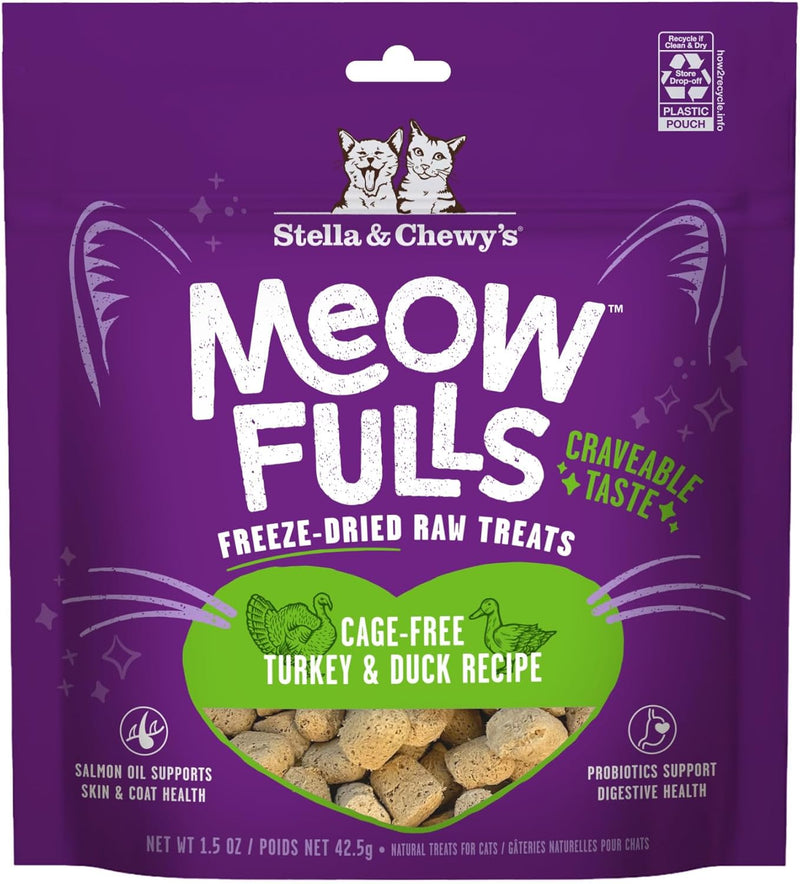 Stella & Chewy's Meowfulls Freeze Dried Cat Treats - Turkey & Duck Recipe - Raw Protein with Probiotics & Salmon Oil - 1