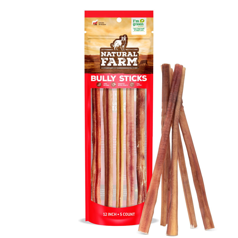 Natural Farm Bully Sticks, Odor-Free (12 Inch, 5 Count), 100% Beef Chews, Grass-Fed, Non-GMO, Fully Digestible Dental Treats to Keep Your Large, Medium and Small Dogs Busy and Happy. Single Ingredient