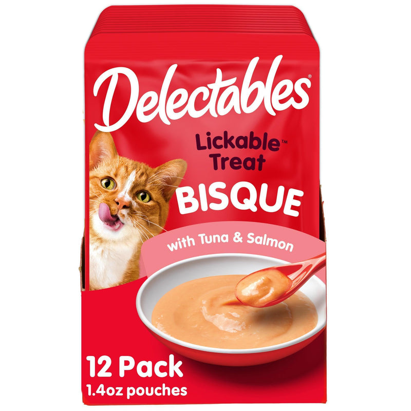 Delectables Lickable Treat Bisque Wet Cat Treat with Real Tuna & Salmon, Food Topper, Hydrating, Grain-Free, No Fillers, No By-Products, No Added Preservatives, 1.4oz Pouch, 12ct