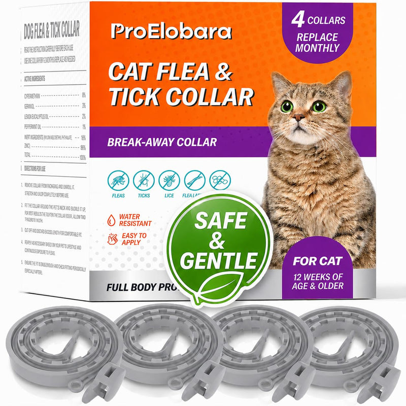 ProElobara Flea Tick Prevention Collars for Cats: Essential Oil-Based Collar for 4 Month Support - Natural Fleas Ticks Breakaway Collar for Large & Small Cat, Outdoor Fleas Ticks Control for Kittens