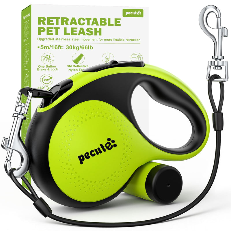 Pecute Retractable Dog Leash with Chew Proof Cable - 18,2 ft Heavy Duty Retractable Pet Leash with Dispenser and Poop Bags, Anti-Slip Handle, Reflective Leashes for Small Medium Dog Up to 66 lbs